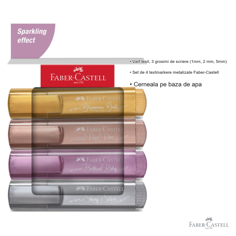 Set 4 textmarkere metalizate Faber-Castell, varf tesit, cerneala pe baza de apa, pentru birou si scoala [2]