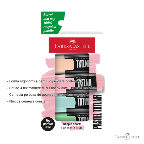 Set 4 textmarkere mini Faber-Castell, nuante pastelate, varf tesit, pentru subliniere si evidentiere [1]
