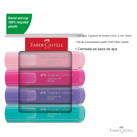 Set 4 textmarkere pastel Faber-Castell 1546, varf tesit, cerneala pe baza de apa, pentru birou si studiu [2]