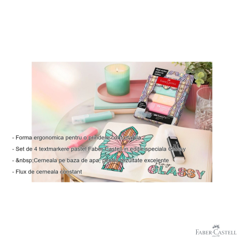 Set 4 textmarkere pastel Faber-Castell editie speciala Glassy, varf tesit, cerneala pe baza de apa [1]