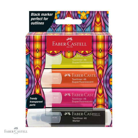 Birotica papetarie - Set 4 textmarkere superfluorescente Faber-Castell Glassy, varf tesit, editie speciala