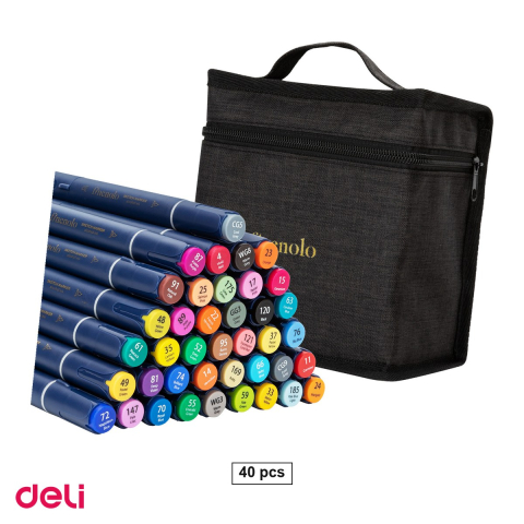 Handmade Creativ si Hobby - Set 40 markere pentru schite Deli, varf dublu rotund si tesit, in husa textila