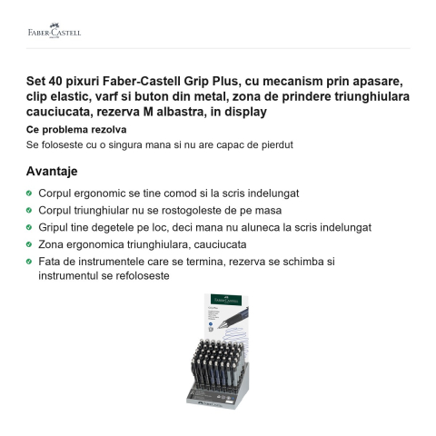 Set 40 pixuri Faber-Castell Grip Plus, cu mecanism prin apasare, clip elastic, varf si buton din metal, zona de prindere triunghiulara cauciucata, rezerva M albastra, in display [1]