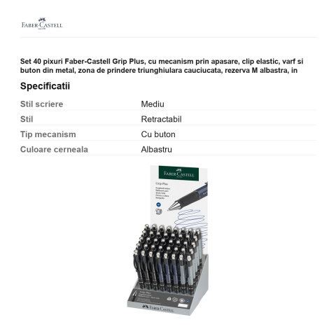 Set 40 pixuri Faber-Castell Grip Plus, cu mecanism prin apasare, clip elastic, varf si buton din metal, zona de prindere triunghiulara cauciucata, rezerva M albastra, in display [2]