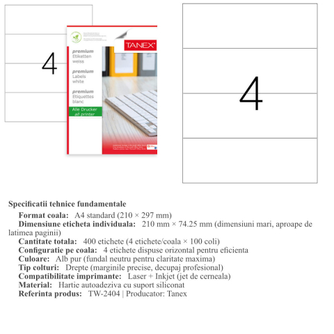 Set 400 etichete autoadezive A4, 100 coli, 4 etichete/coala, 210x74.25 mm, albe, colturi drepte, pentru imprimante laser si inkjet, Tanex TW-2404 [2]
