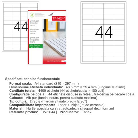 Set 4400 etichete autoadezive A4, 100 coli, 44 etichete/coala, 48.5x25.4 mm, albe, colturi drepte, pentru imprimante laser si inkjet, Tanex TW-2044 [2]