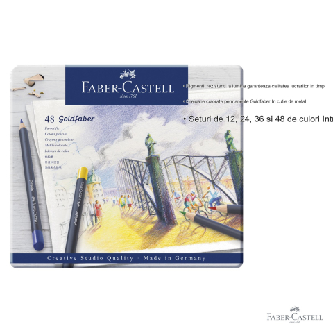 Set 48 creioane colorate Faber-Castell Goldfaber, mina moale, pigmenti rezistenti la lumina, cutie metal [2]