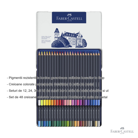 Set 48 creioane colorate Faber-Castell Goldfaber, mina moale, pigmenti rezistenti la lumina, cutie metal [1]