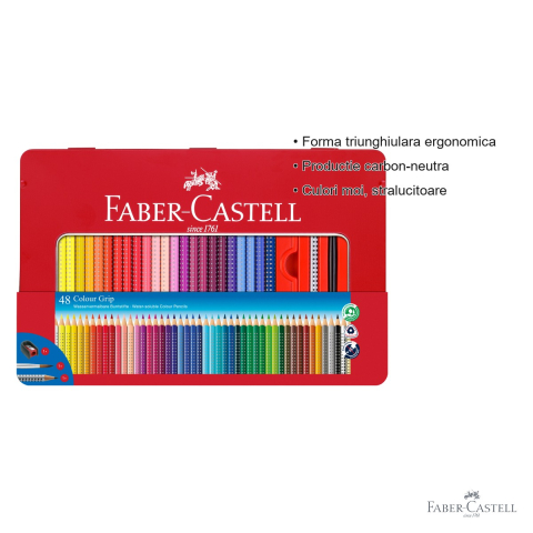 Set 48 creioane colorate Faber-Castell Grip 2001, solubile in apa, cutie metal, pentru copii si elevi [2]