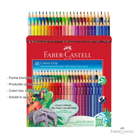 Set 48 creioane colorate Faber-Castell Grip, solubile in apa, forma triunghiulara ergonomica, pentru copii si adulti [1]