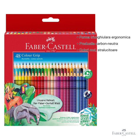 Set 48 creioane colorate Faber-Castell Grip, solubile in apa, forma triunghiulara ergonomica, pentru copii si adulti [2]