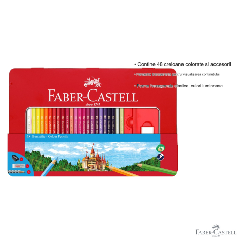 Set 48 creioane colorate hexagonale Faber-Castell, cutie metal cu 4 accesorii, pentru desen si arta [2]