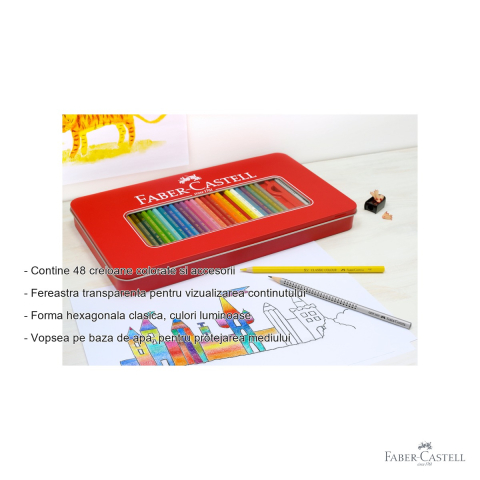 Set 48 creioane colorate hexagonale Faber-Castell, cutie metal cu 4 accesorii, pentru desen si arta [1]