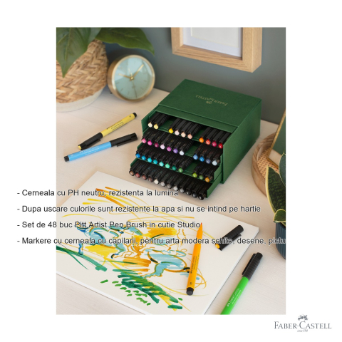 Set 48 markere Faber-Castell Pitt Artist Pen Brush, varf pensula, cutie studio, pentru arta si schite [1]