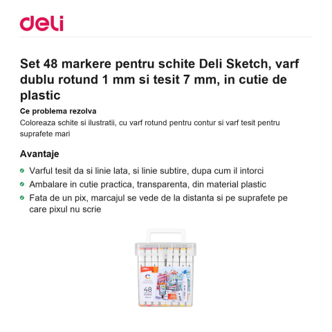 Set 48 markere pentru schite Deli Sketch, varf dublu rotund 1 mm si tesit 7 mm, in cutie de plastic [1]