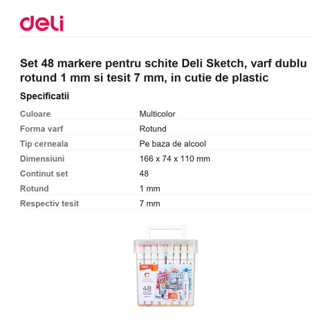 Set 48 markere pentru schite Deli Sketch, varf dublu rotund 1 mm si tesit 7 mm, in cutie de plastic [2]