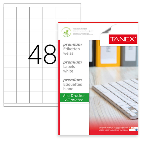 Etichete - Set 4800 etichete autoadezive A4, 100 coli, 48 etichete/coala, 35x35 mm, albe, colturi drepte, pentru imprimante laser si inkjet, Tanex TW-2348