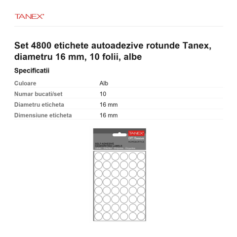 Set 4800 etichete autoadezive rotunde Tanex, diametru 16 mm, 10 seturi, albe [2]