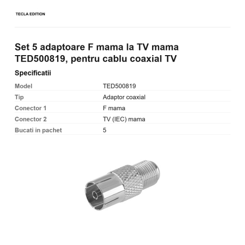 Set 5 adaptoare F mama la TV mama TED500819, pentru cablu coaxial TV [2]