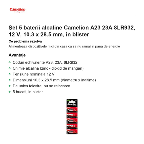Set 5 baterii alcaline Camelion A23 23A 8LR932, 12 V, 10.3 x 28.5 mm, in blister [1]