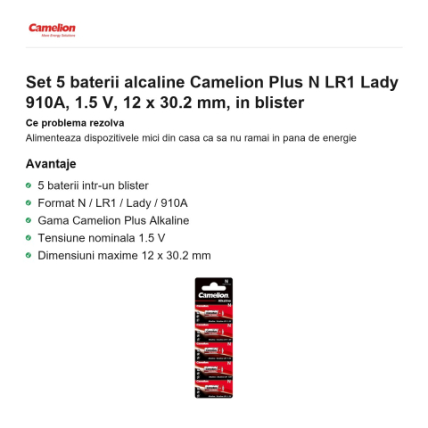 Set 5 baterii alcaline Camelion Plus N LR1 Lady 910A, 1.5 V, 12 x 30.2 mm, in blister [1]
