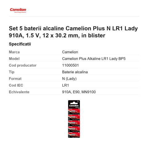 Set 5 baterii alcaline Camelion Plus N LR1 Lady 910A, 1.5 V, 12 x 30.2 mm, in blister [2]