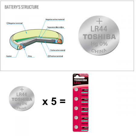 Set 5 Baterii alcaline Toshiba LR44 AG13, tip buton, 1.5V, 150 mAh, in blister [2]