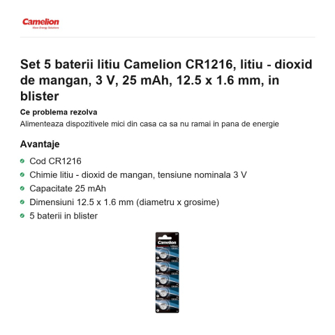 Set 5 baterii litiu Camelion CR1216, litiu - dioxid de mangan, 3 V, 25 mAh, 12.5 x 1.6 mm, in blister [1]