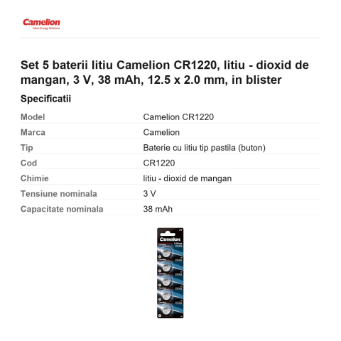 Set 5 baterii litiu Camelion CR1220, litiu - dioxid de mangan, 3 V, 38 mAh, 12.5 x 2.0 mm, in blister [2]