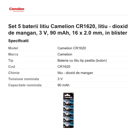 Set 5 baterii litiu Camelion CR1620, litiu - dioxid de mangan, 3 V, 90 mAh, 16 x 2.0 mm, in blister [2]