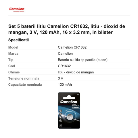 Set 5 baterii litiu Camelion CR1632, litiu - dioxid de mangan, 3 V, 120 mAh, 16 x 3.2 mm, in blister [2]