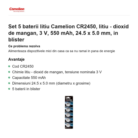 Set 5 baterii litiu Camelion CR2450, litiu - dioxid de mangan, 3 V, 550 mAh, 24.5 x 5.0 mm, in blister [1]