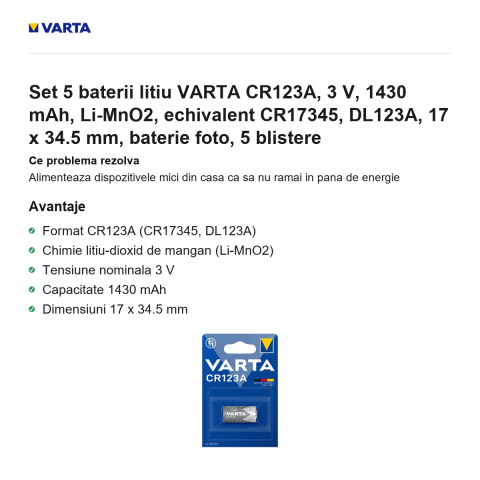 Set 5 baterii litiu VARTA CR123A, 3 V, 1430 mAh, Li-MnO2, echivalent CR17345, DL123A, 17 x 34.5 mm, baterie foto, 5 blistere [1]