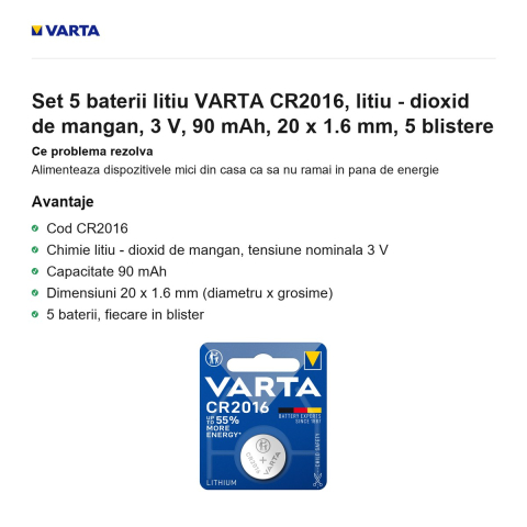 Set 5 baterii litiu VARTA CR2016, litiu - dioxid de mangan, 3 V, 90 mAh, 20 x 1.6 mm, 5 blistere [1]