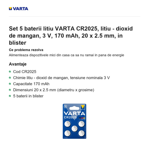 Set 5 baterii litiu VARTA CR2025, litiu - dioxid de mangan, 3 V, 170 mAh, 20 x 2.5 mm, in blister [1]
