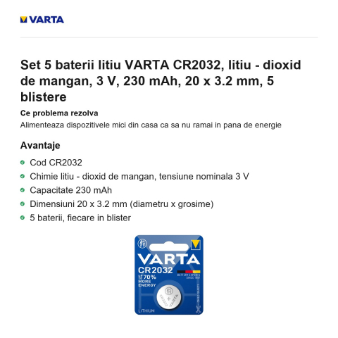 Set 5 baterii litiu VARTA CR2032, litiu - dioxid de mangan, 3 V, 230 mAh, 20 x 3.2 mm, 5 blistere [1]