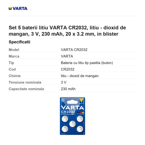 Set 5 baterii litiu VARTA CR2032, litiu - dioxid de mangan, 3 V, 230 mAh, 20 x 3.2 mm, in blister [2]