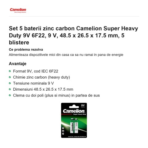 Set 5 baterii zinc carbon Camelion Super Heavy Duty 9V 6F22, 9 V, 48.5 x 26.5 x 17.5 mm, 5 blistere [1]