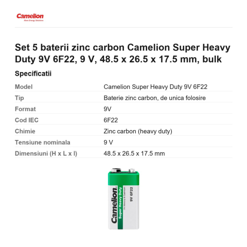Set 5 baterii zinc carbon Camelion Super Heavy Duty 9V 6F22, 9 V, 48.5 x 26.5 x 17.5 mm, bulk [2]
