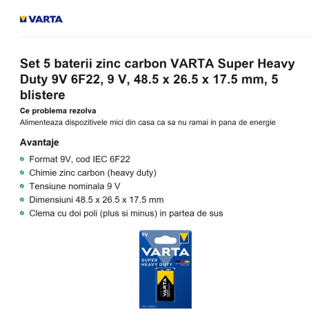 Set 5 baterii zinc carbon VARTA Super Heavy Duty 9V 6F22, 9 V, 48.5 x 26.5 x 17.5 mm, 5 blistere [1]