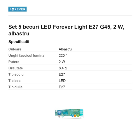 Set 5 becuri LED Forever Light E27 G45, 2 W, albastru [2]