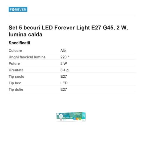 Set 5 becuri LED Forever Light E27 G45, 2 W, lumina calda [2]