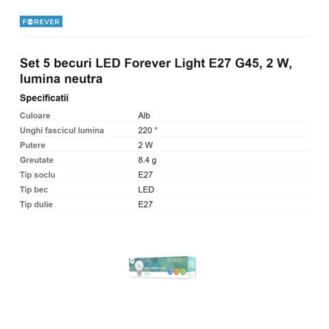 Set 5 becuri LED Forever Light E27 G45, 2 W, lumina neutra [2]