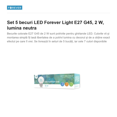 Set 5 becuri LED Forever Light E27 G45, 2 W, lumina neutra [1]