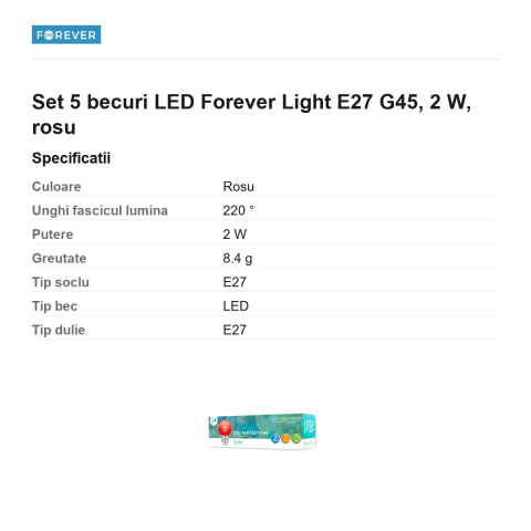 Set 5 becuri LED Forever Light E27 G45, 2 W, rosu [2]