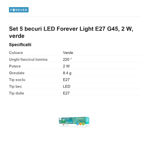 Set 5 becuri LED Forever Light E27 G45, 2 W, verde [2]