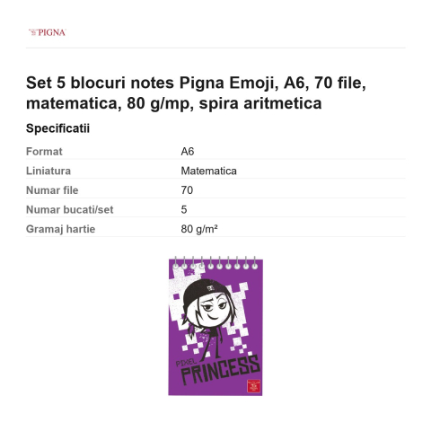 Set 5 blocuri notes Pigna Emoji, A6, 70 file, matematica, 80 g/mp, spira aritmetica [2]