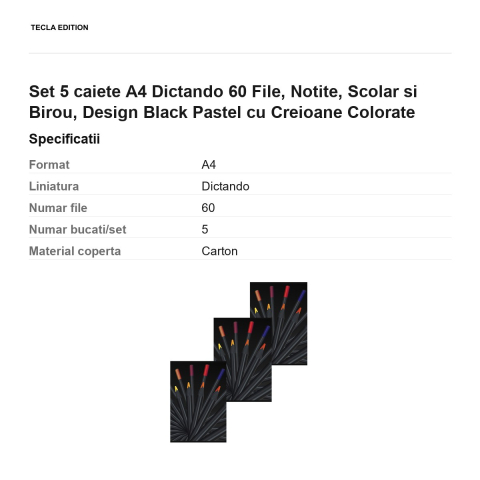 Set 5 caiete A4 Dictando 60 File, Notite, Scolar si Birou, Design Black Pastel cu Creioane Colorate [2]