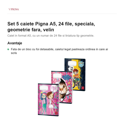 Set 5 caiete Pigna A5, 24 file, geometrie fara, velin [1]