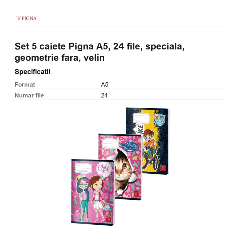 Set 5 caiete Pigna A5, 24 file, geometrie fara, velin [2]